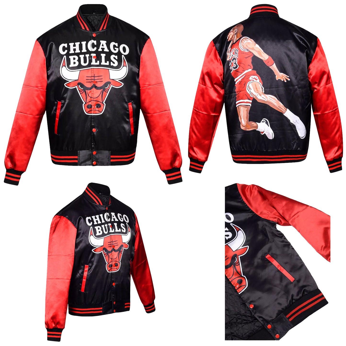 RARE Michael Jordan 23 Chicago Bulls Satin Bomber Jacket Red Black Varsity