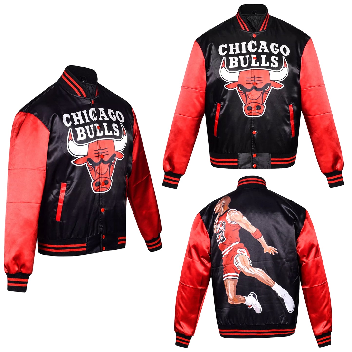 RARE Michael Jordan 23 Chicago Bulls Satin Bomber Jacket Red Black Varsity