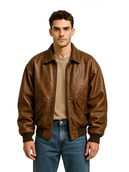 Men’s Classic Brown Real Sheep Leather Bomber Jacket