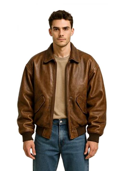 Men’s Classic Brown Real Sheep Leather Bomber Jacket