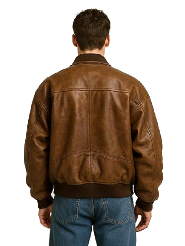Men’s Classic Brown Real Sheep Leather Bomber Jacket