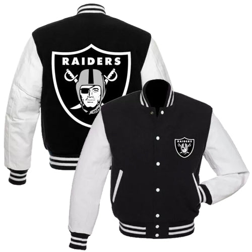 Las Vegas Raiders Varsity Jacket Black Wool White Leather Vintage Logo Letterman