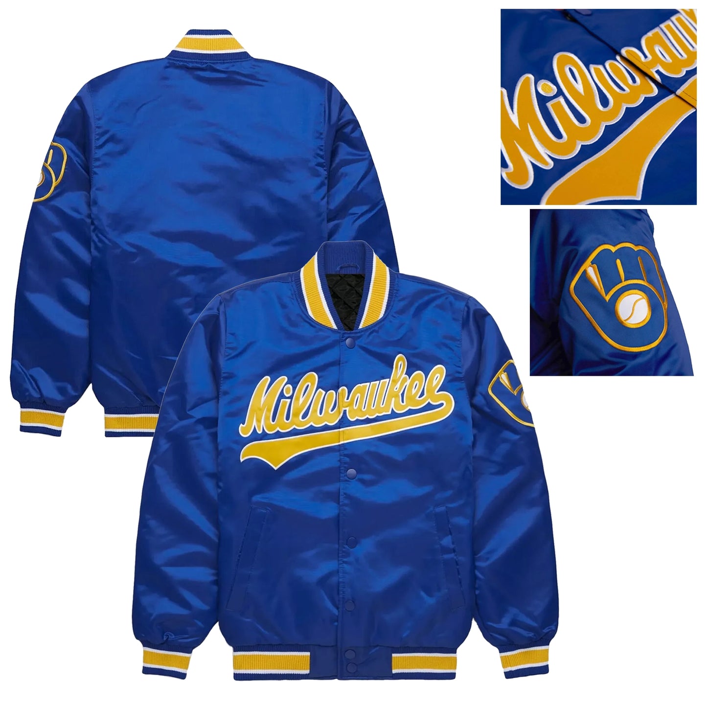 Milwaukee Brewers Royal Blue Satin Varsity Jacket Letterman Baseball Bomber