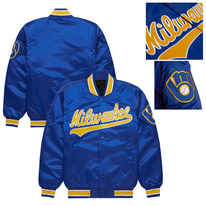 Milwaukee Brewers Royal Blue Satin Varsity Jacket Letterman Baseball Bomber