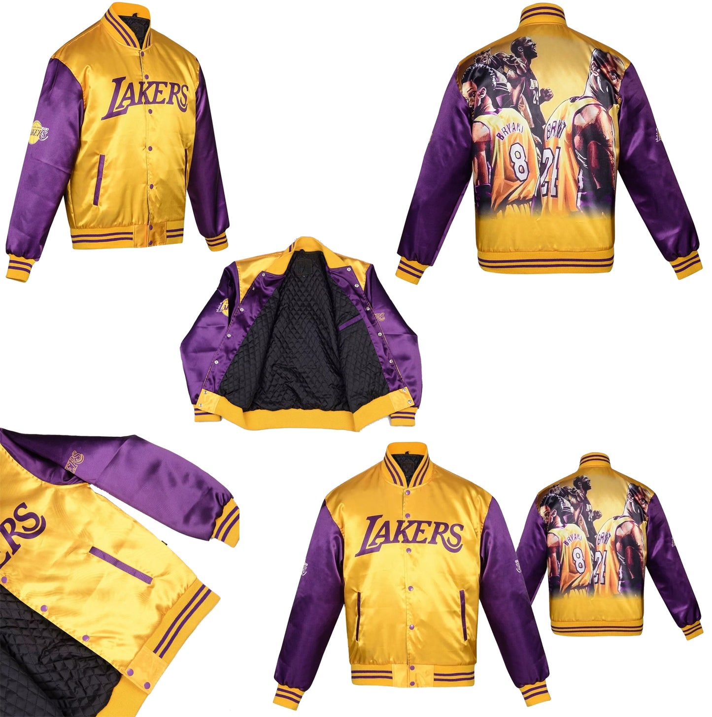 Los Angeles Lakers Champ City Varsity Jacket Gold Satin Purple Sleeves Bomber