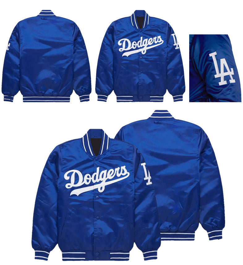 LA Dodgers Blue Satin Striped Knit Varsity Bomber Jacket Baseball Letterman