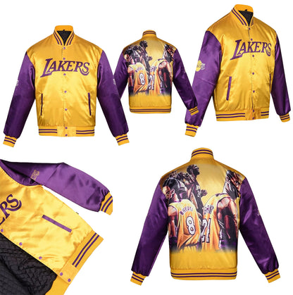 Los Angeles Lakers Champ City Varsity Jacket Gold Satin Purple Sleeves Bomber