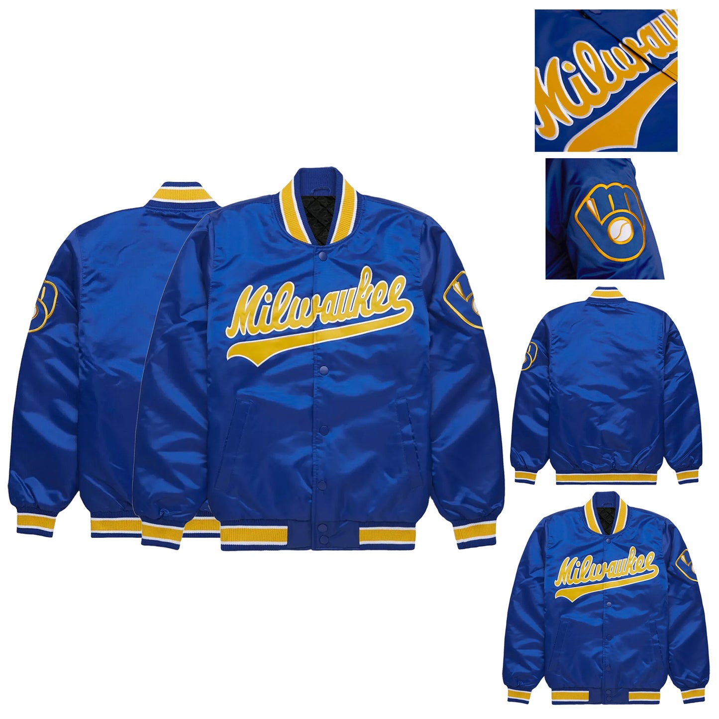 Milwaukee Brewers Royal Blue Satin Varsity Jacket Letterman Baseball Bomber