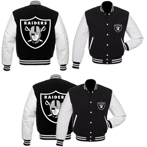 Las Vegas Raiders Varsity Jacket Black Wool White Leather Vintage Logo Letterman