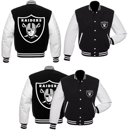 Las Vegas Raiders Varsity Jacket Black Wool White Leather Vintage Logo Letterman