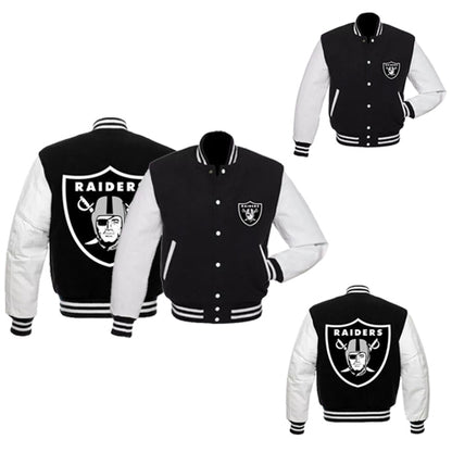 Las Vegas Raiders Varsity Jacket Black Wool White Leather Vintage Logo Letterman