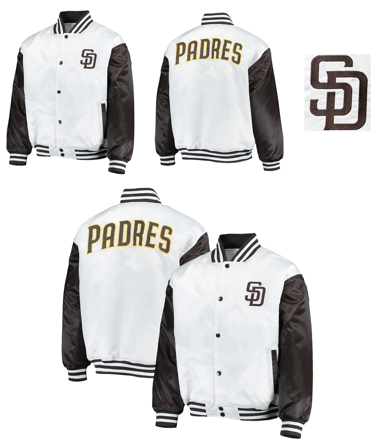 San Diego Padres White Brown Satin Varsity Jacket Full Snap Letterman Bomber