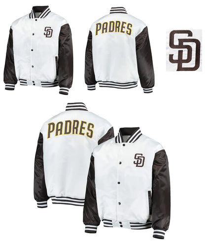 San Diego Padres White Brown Satin Varsity Jacket Full Snap Letterman Bomber