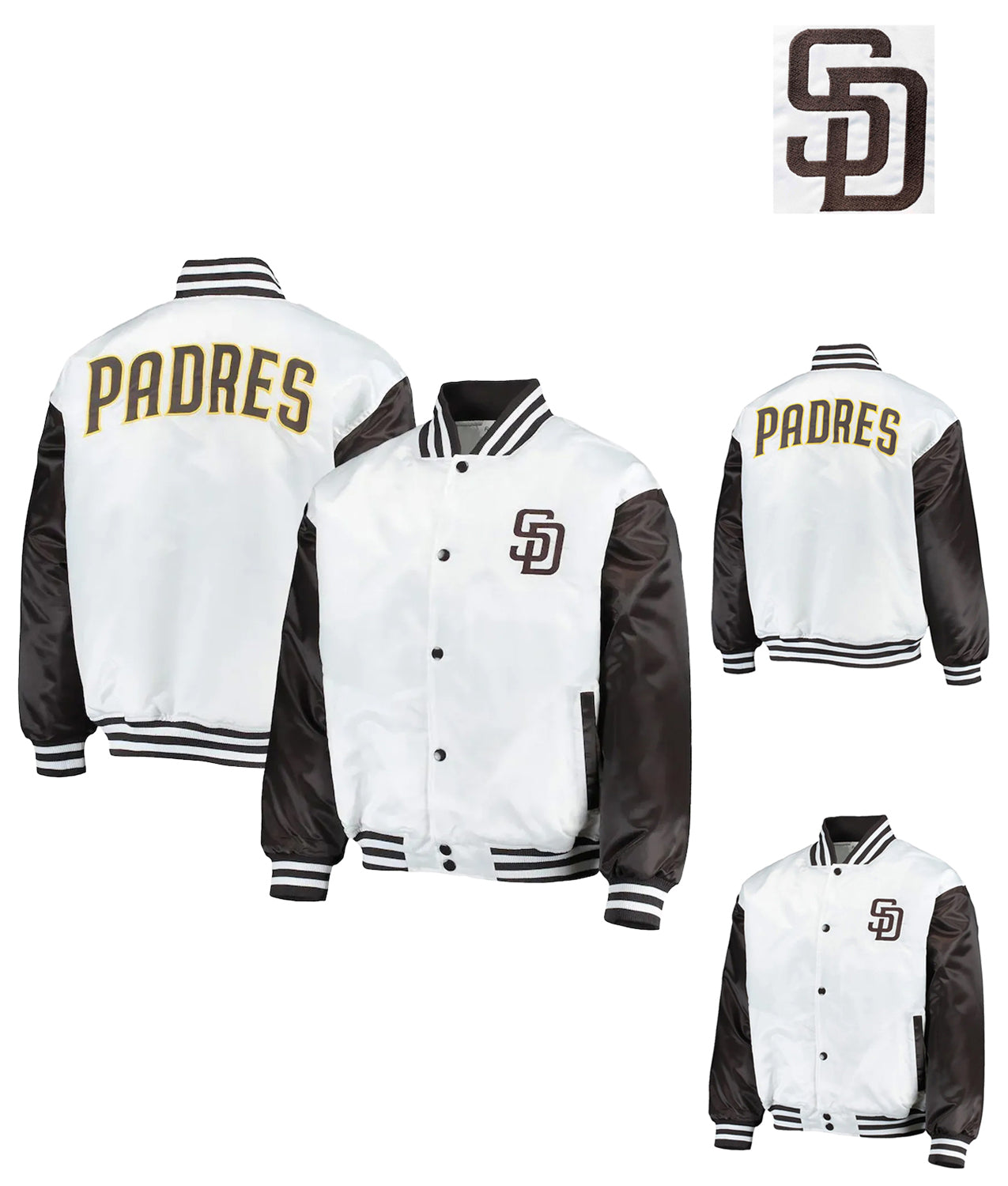 San Diego Padres White Brown Satin Varsity Jacket Full Snap Letterman Bomber
