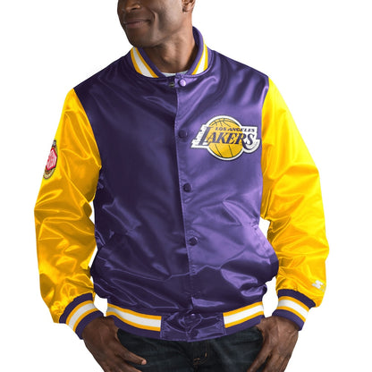 Los Angeles Lakers Rookie Jacket Blue Satin Yellow Sleeves Full Snap Varsity Jacket