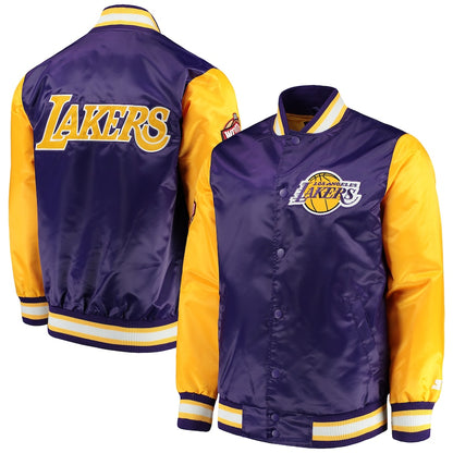 Los Angeles Lakers Rookie Jacket Blue Satin Yellow Sleeves Full Snap Varsity Jacket