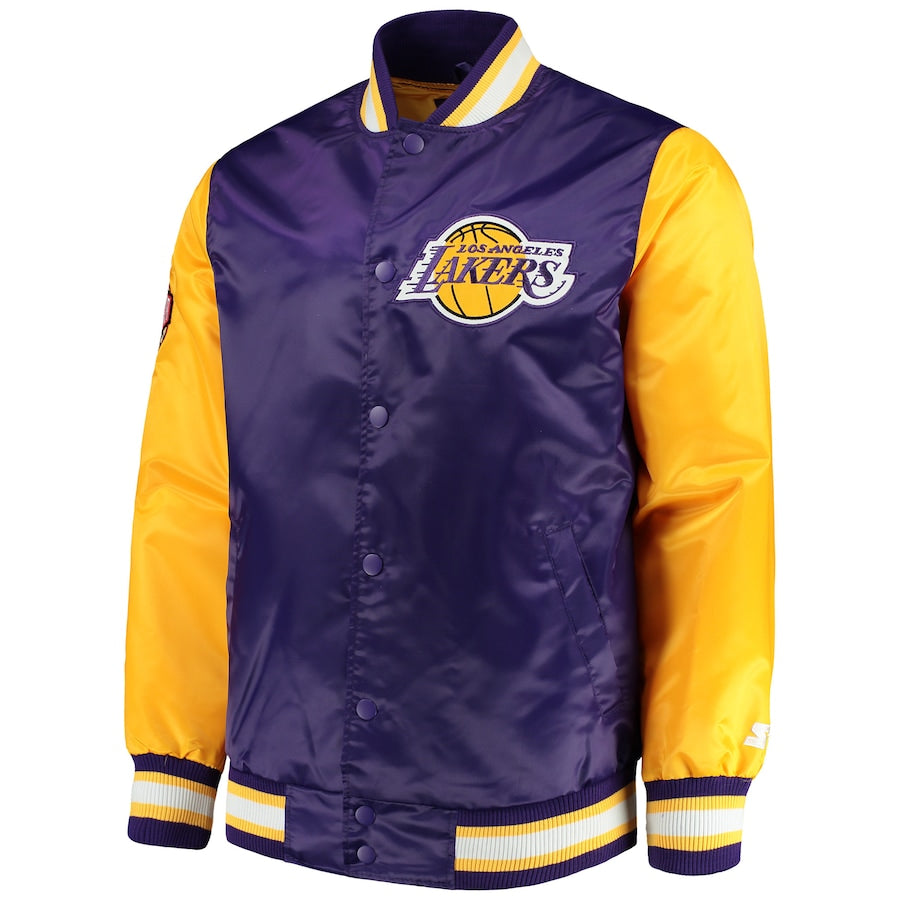 Los Angeles Lakers Rookie Jacket Blue Satin Yellow Sleeves Full Snap Varsity Jacket