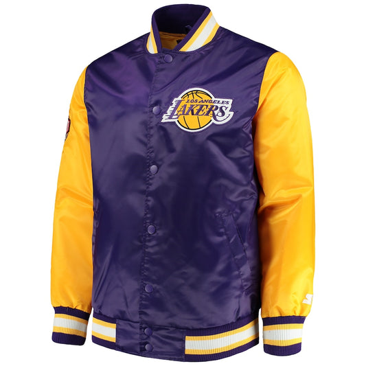 Los Angeles Lakers Rookie Jacket Blue Satin Yellow Sleeves Full Snap Varsity Jacket
