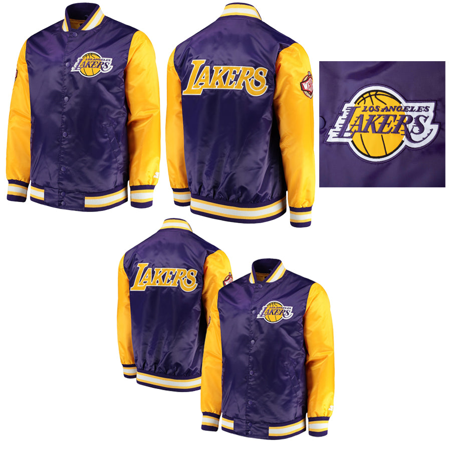 Los Angeles Lakers Rookie Jacket Blue Satin Yellow Sleeves Full Snap Varsity Jacket