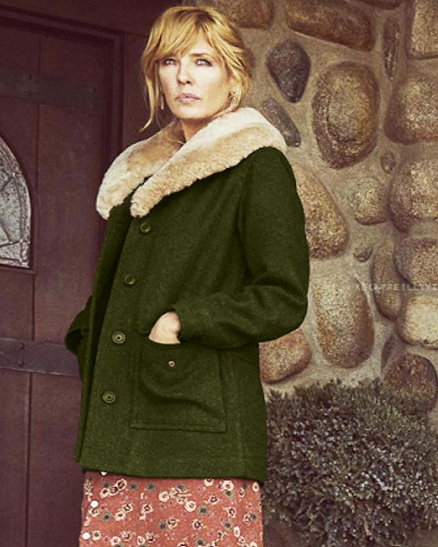 Beth Dutton Yellowstone Kelly Reilly Shearling 100% Pure Soft Wool Coat
