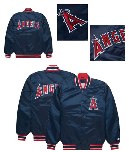 Los Angeles Angels Satin Bomber Jacket Navy Blue Varsity Baseball Jacket