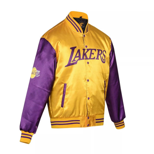 Los Angeles Lakers Champ City Varsity Jacket Gold Satin Purple Sleeves Bomber