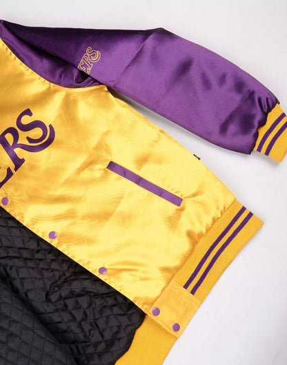 Los Angeles Lakers Champ City Varsity Jacket Gold Satin Purple Sleeves Bomber