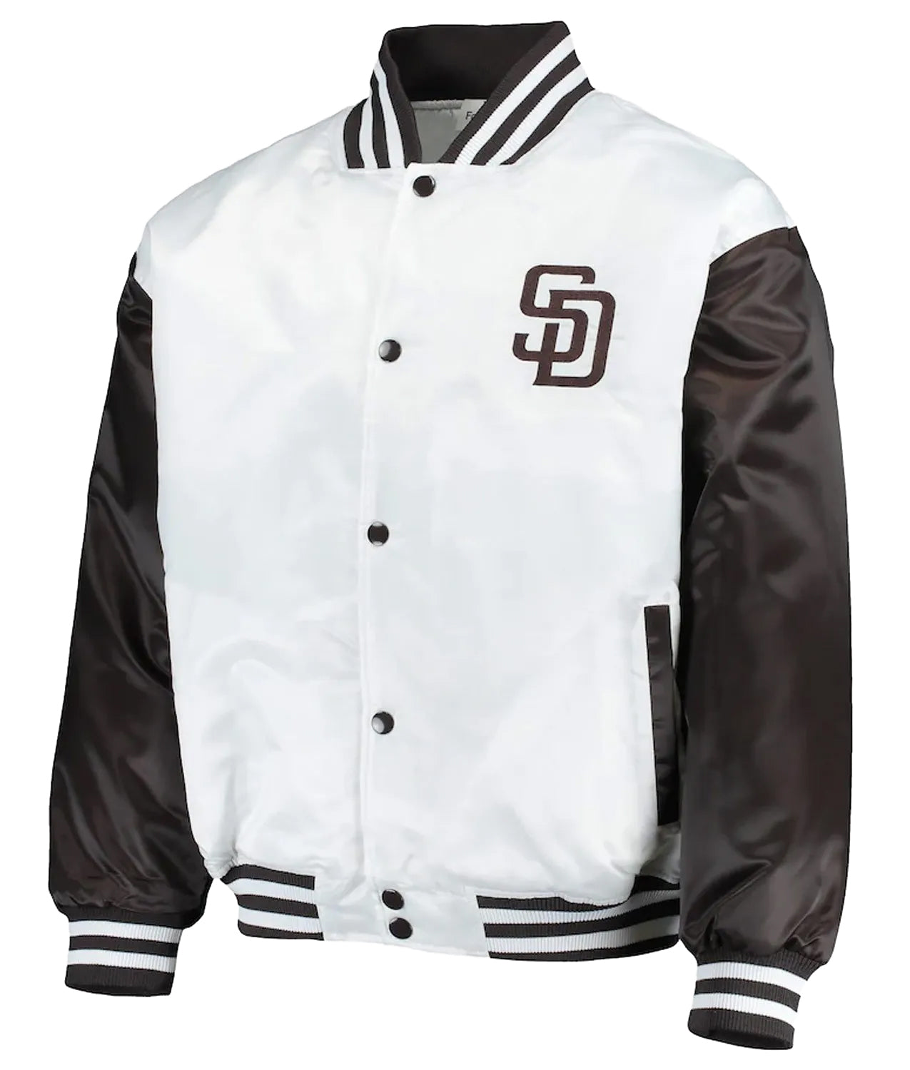 San Diego Padres White Brown Satin Varsity Jacket Full Snap Letterman Bomber