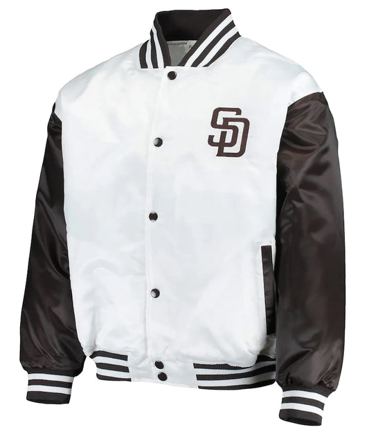 San Diego Padres White Brown Satin Varsity Jacket Full Snap Letterman Bomber