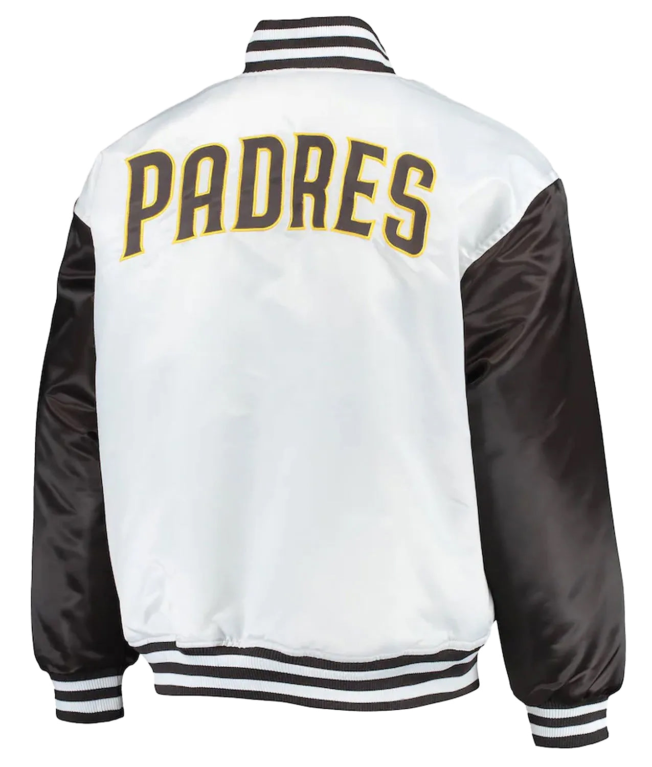 San Diego Padres White Brown Satin Varsity Jacket Full Snap Letterman Bomber