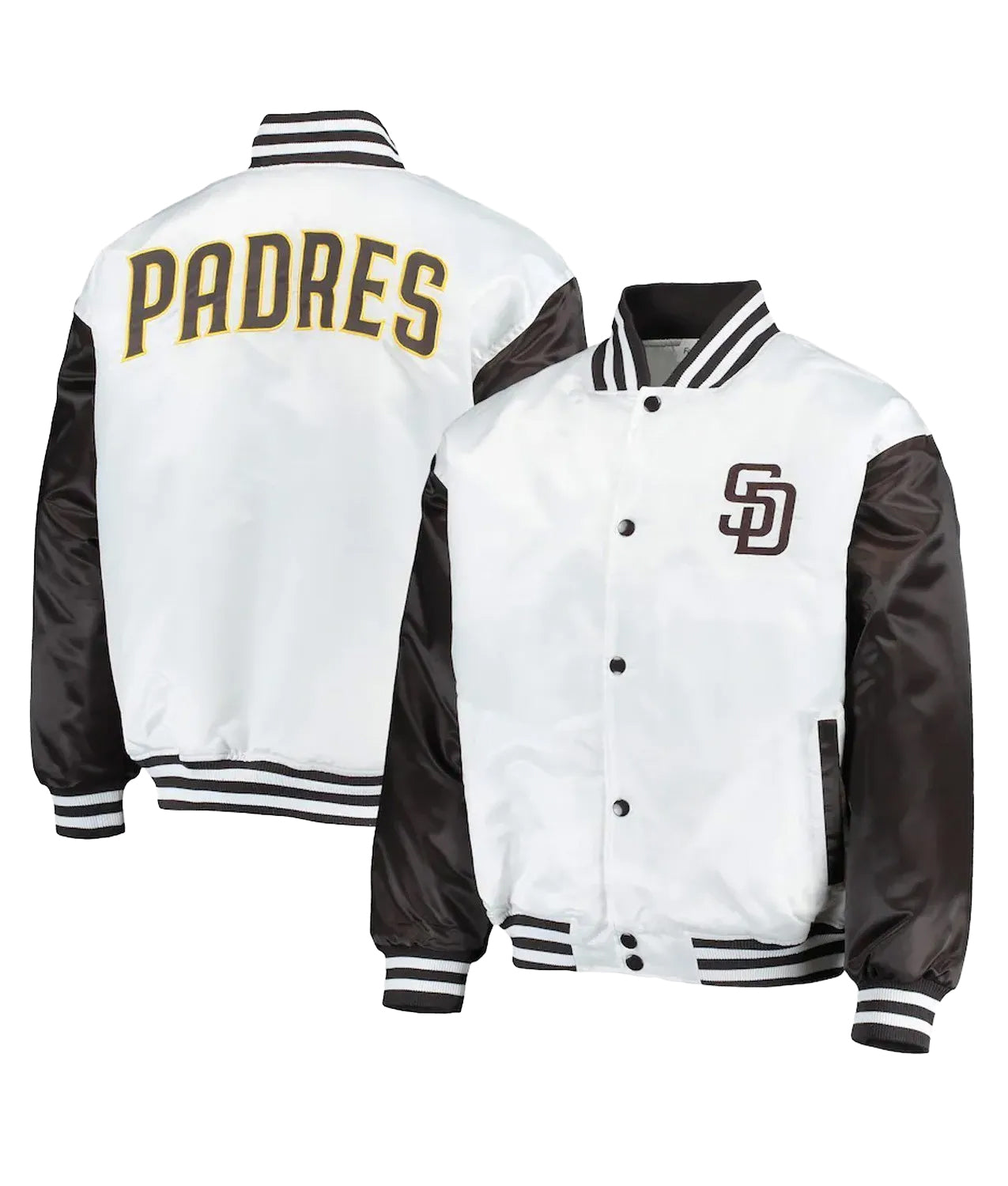 San Diego Padres White Brown Satin Varsity Jacket Full Snap Letterman Bomber