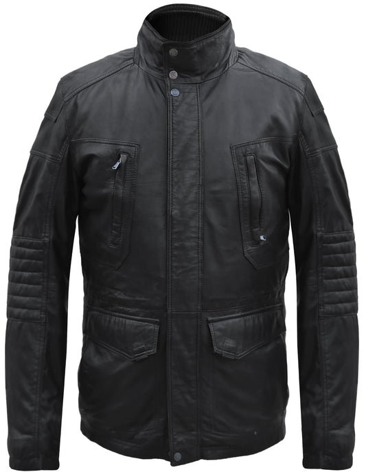 Men's 3-4 Length Black Leather Safari Jacket