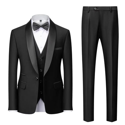 Men's 3-Piece Formal Suit Cotton Blend – Black Lapel Tuxedo Wedding Prom