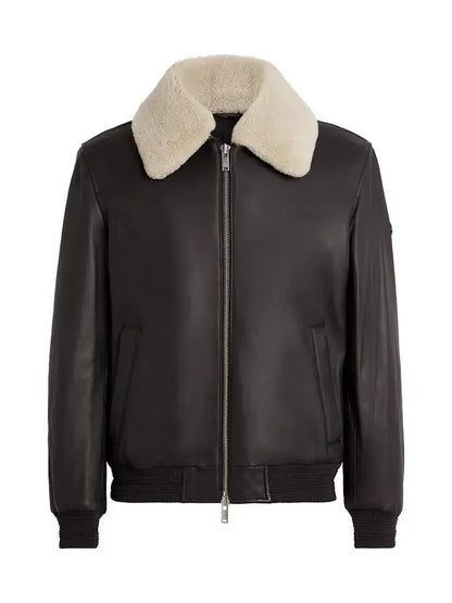 Men’s Black Lamb skin Leather Jacket with removable Shearling collar