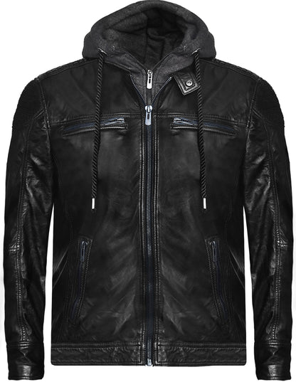 Men's Black Leather Jacket with Removable Fleece Hoodie