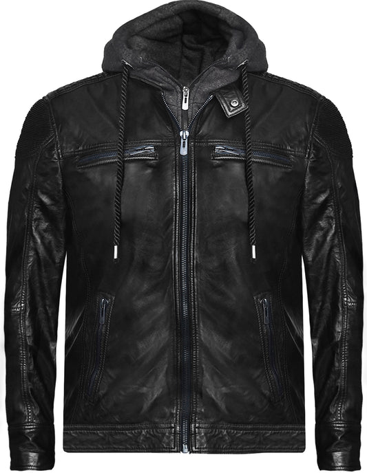 Men's Black Leather Jacket with Removable Fleece Hoodie