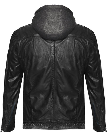 Men's Black Leather Jacket with Removable Fleece Hoodie