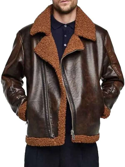 Men’s Brown Distressed Cowhide Aviator Shearling Leather Jacket
