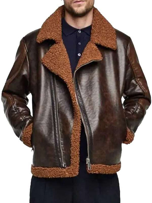 Men’s Brown Distressed Cowhide Aviator Shearling Leather Jacket