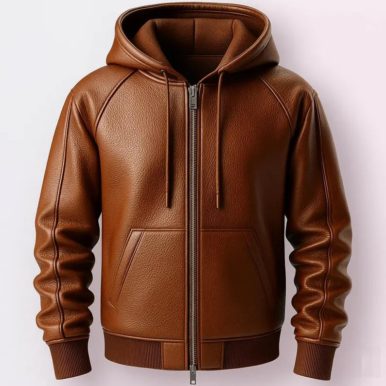 Men’s Brown Premium Lambskin Leather Hoodie