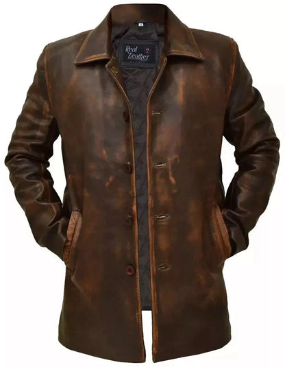 Men’s Distressed Brown Genuine Sheep Leather Trench Coat