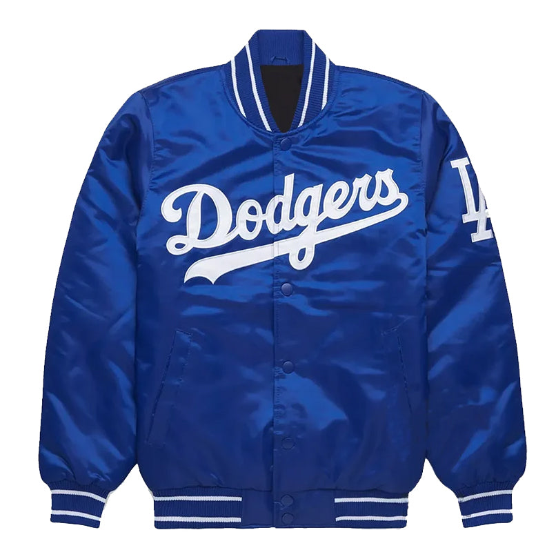LA Dodgers Blue Satin Striped Knit Varsity Bomber Jacket Baseball Letterman