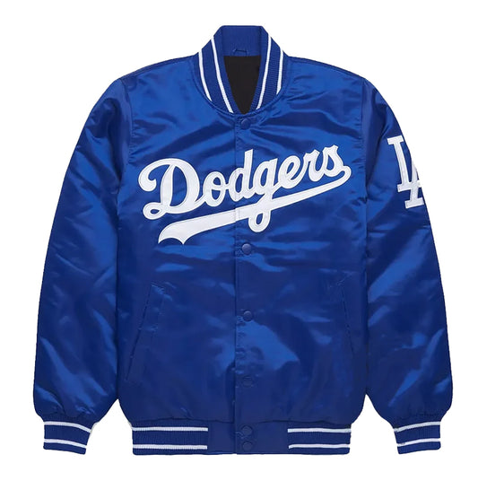 LA Dodgers Blue Satin Striped Knit Varsity Bomber Jacket Baseball Letterman