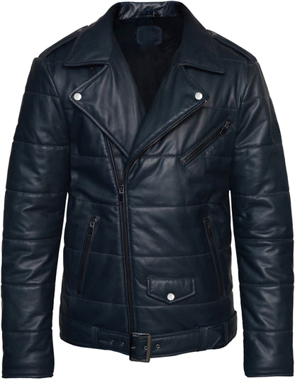Men’s Light Puffer Quilted Biker Jacket – Blue