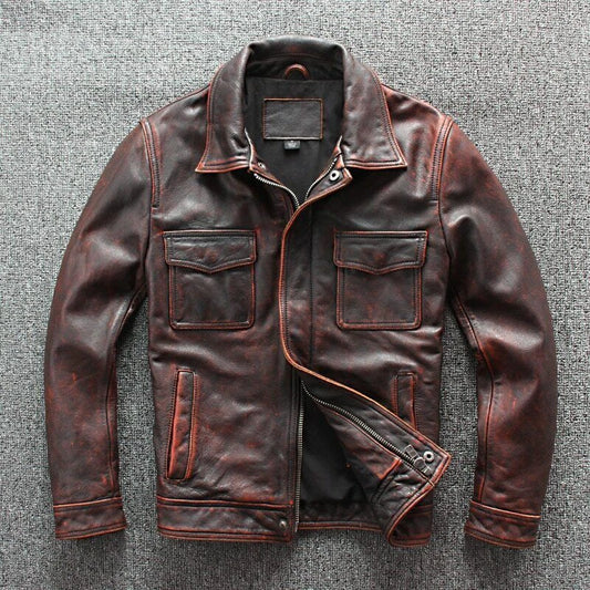 Men’s Motorcycle Vintage Cowhide Cafe Racer Distressed Leather Jacket
