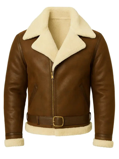 Men’s Olive Brown Distressed Sheepskin White Shearling Leather Jacket