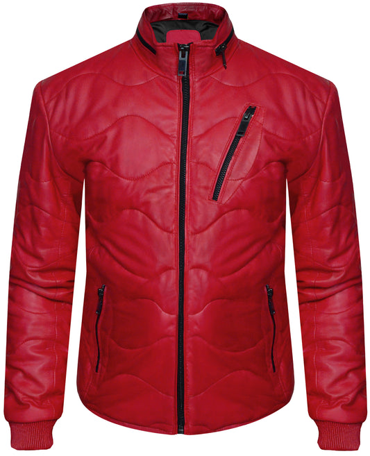 Men's Red Leather Quilted Jacket