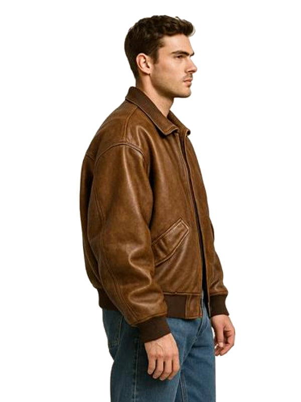 Men’s Classic Brown Real Sheep Leather Bomber Jacket