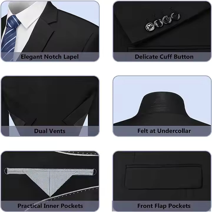 Men’s 3-Piece Suit – Premium Cotton Blend – One-Button Jacket Formal Wear