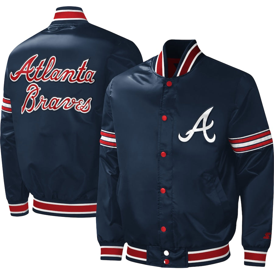 Starter Atlanta Braves Navy Satin Varsity Jacket Midfield Full Snap Bomber Letterman